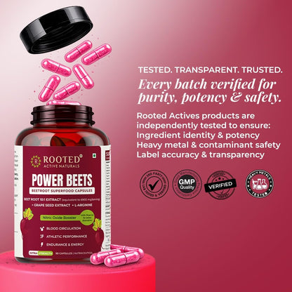 Rooted Actives Power Beets Capsules | Boost Energy, Stamina & Blood Circulation | Nitric Oxide Support | With L-Arginine & Grape Seed | 60 Veg Caps
