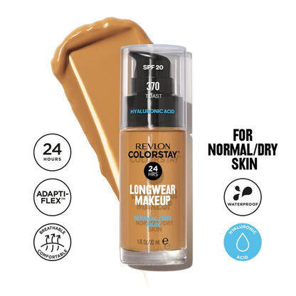 Revlon Liquid Foundation, ColorStay Face Makeup for Normal and Dry Skin, SPF 20, Longwear Medium-Full Coverage with Matte Finish, Oil Free, Toast, 1 Ounce