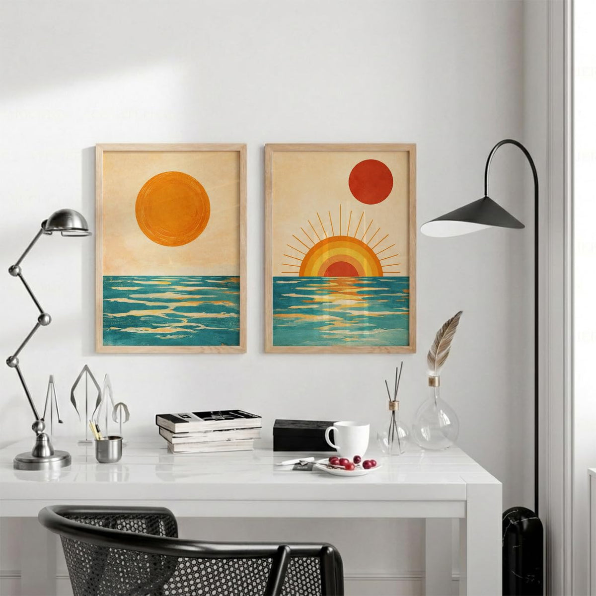 Set of 2 Sunset Ocean Framed Wall Painting for Living Room | Modern Abstract Sun Wall Art | Aesthetic Coastal Sea Wall Decor Frames for Bedroom, Hall & Office