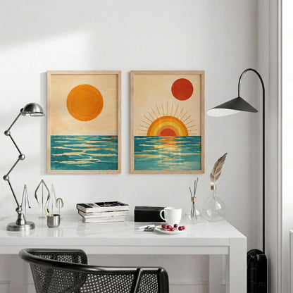 Set of 2 Sunset Ocean Framed Wall Painting for Living Room | Modern Abstract Sun Wall Art | Aesthetic Coastal Sea Wall Decor Frames for Bedroom, Hall & Office