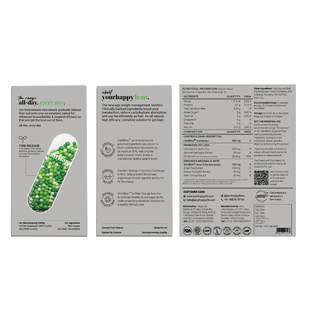 YourHappyLife Lean - 60 Capsules | Weight Management Supplements for Men & Women | Garcinia Cambogia | Boosts Metabolism & Controls Cravings | Fat Burner