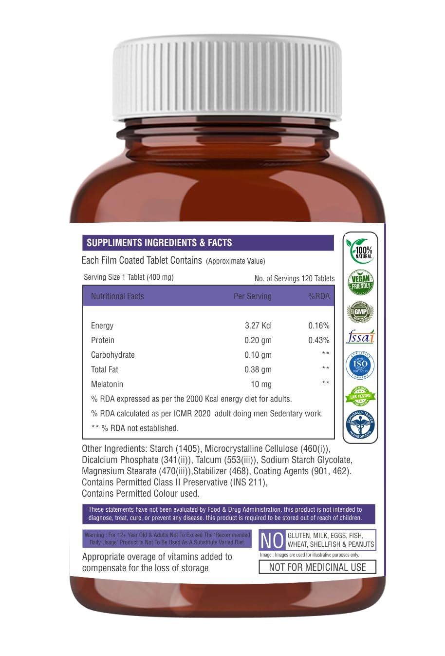 Supplement bottle with label showing ingredients and facts on a white background