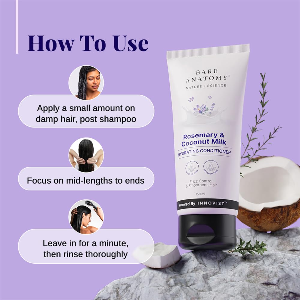 Bare Anatomy Rosemary & Coconut Milk conditioner with usage instructions on a purple background