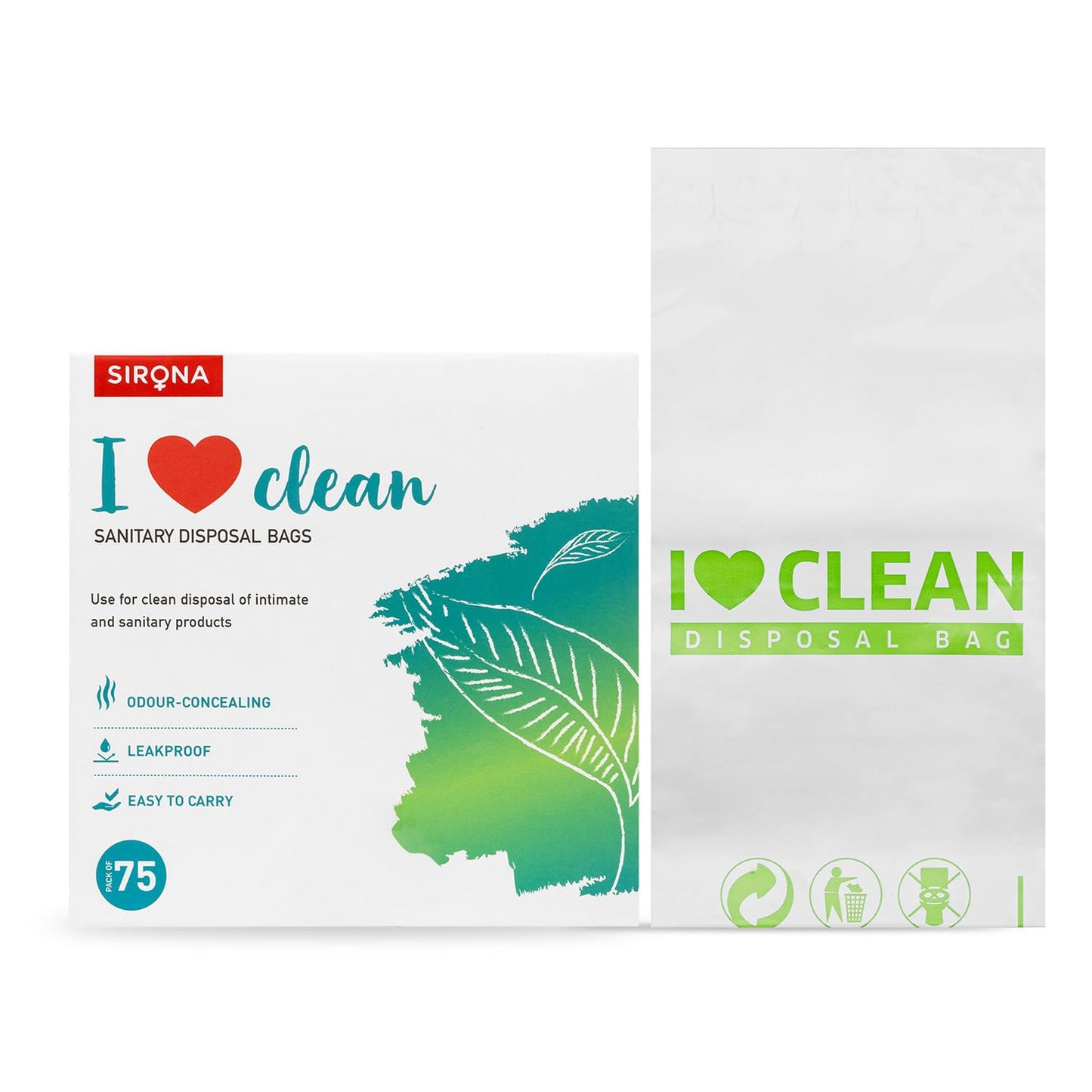 Sirona I Love Clean sanitary disposal bags packaging on a white background