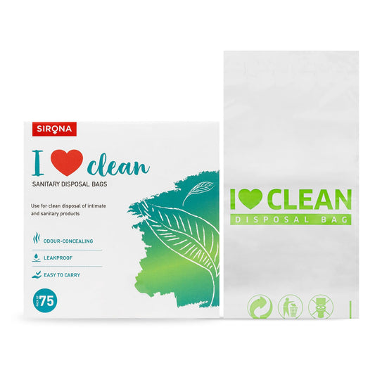 Sirona I Love Clean sanitary disposal bags packaging on a white background