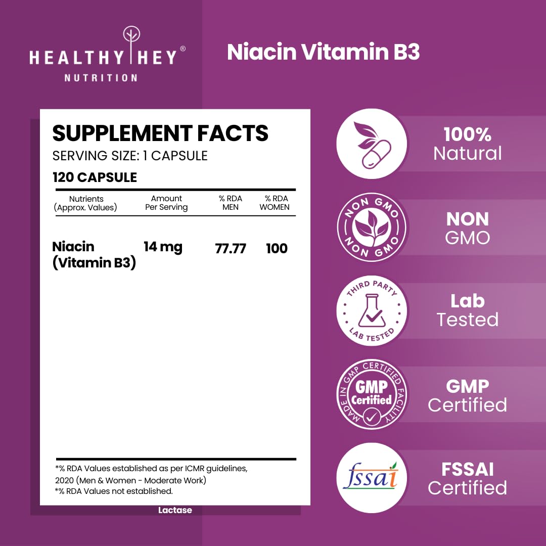 Niacin Vitamin B3 supplement facts and certification logos on a purple background