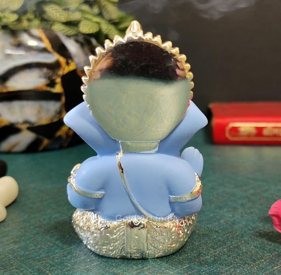 Gold Art India 999 Silver Plated Idol for Ganesh Idol for Car Dashboard God Ganesha Idol for Home Decor Ganpati for Gift 3.5 inches (Silver) (Silver Sky Blue), Idol
