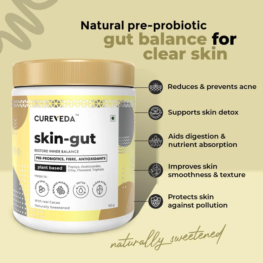 Cureveda skin-gut supplement jar with benefits listed on a beige background