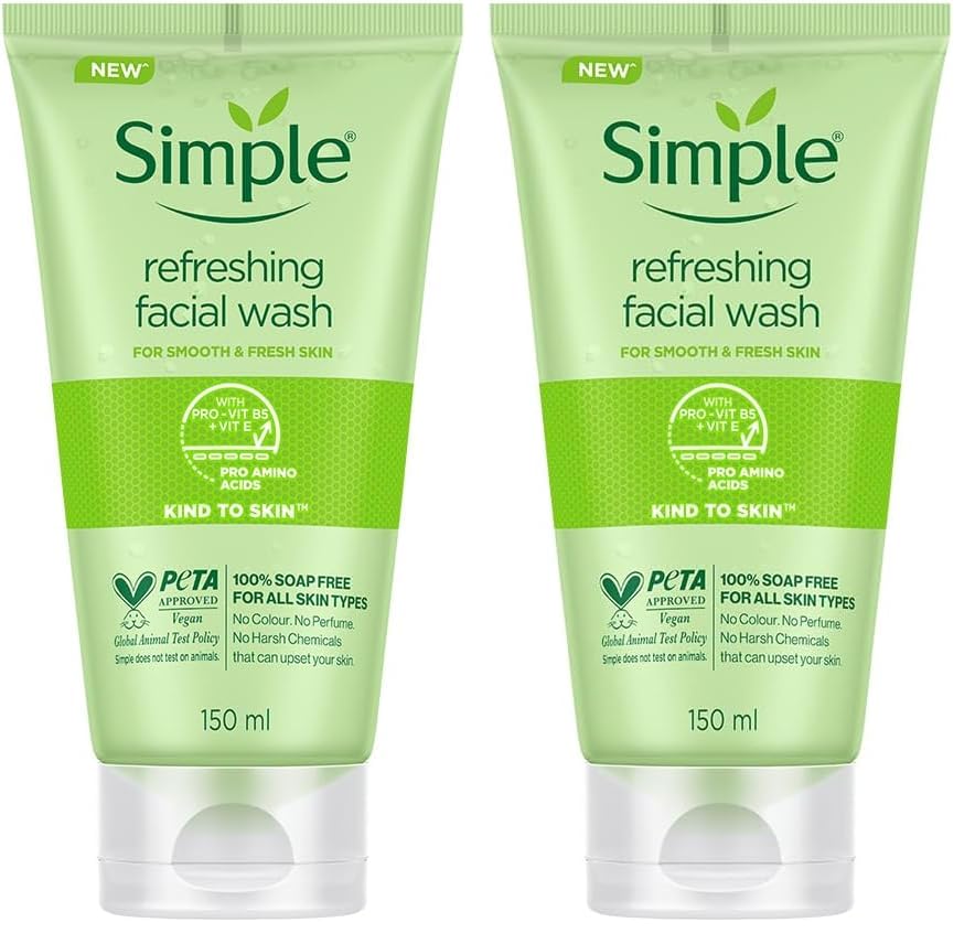 Two bottles of Simple refreshing facial wash on a white background