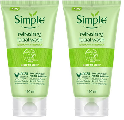 Two bottles of Simple refreshing facial wash on a white background