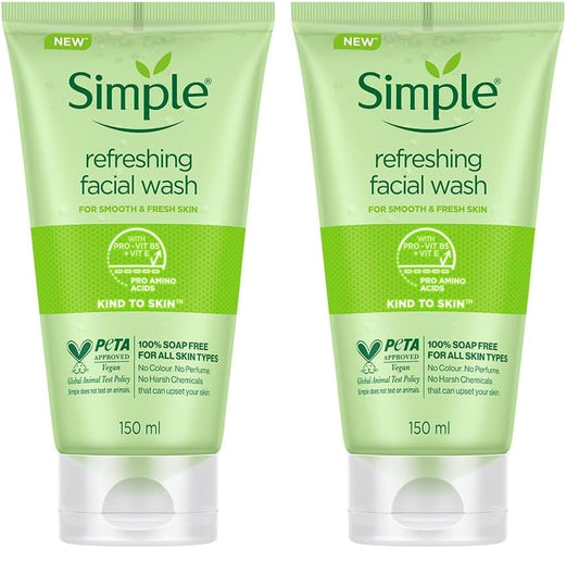 Two bottles of Simple refreshing facial wash on a white background