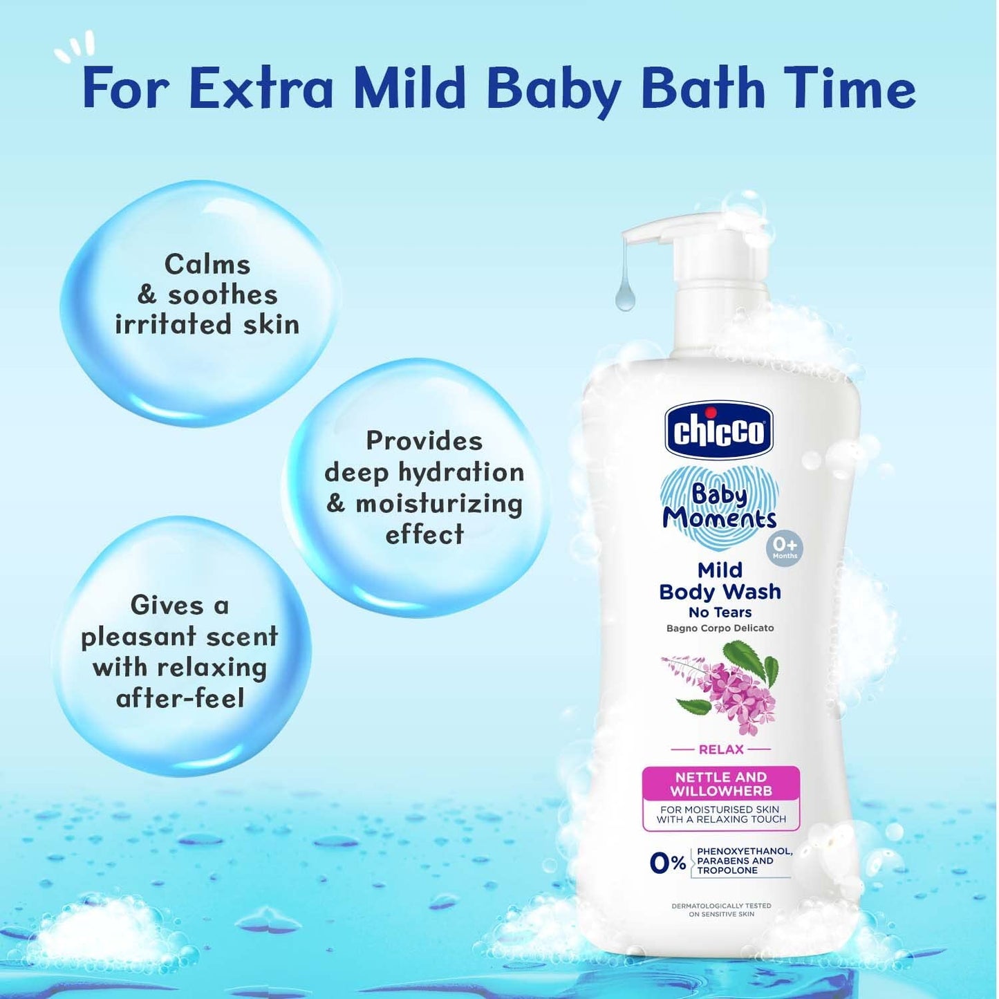 Chicco Baby Moments Mild Body Wash Relax, New Advanced Formula with Natural Ingredients, No Tears & Soap-Free, Mild formula for Baby’s Body & Face Wash, No Phenoxyethanol and Parabens (200ml)