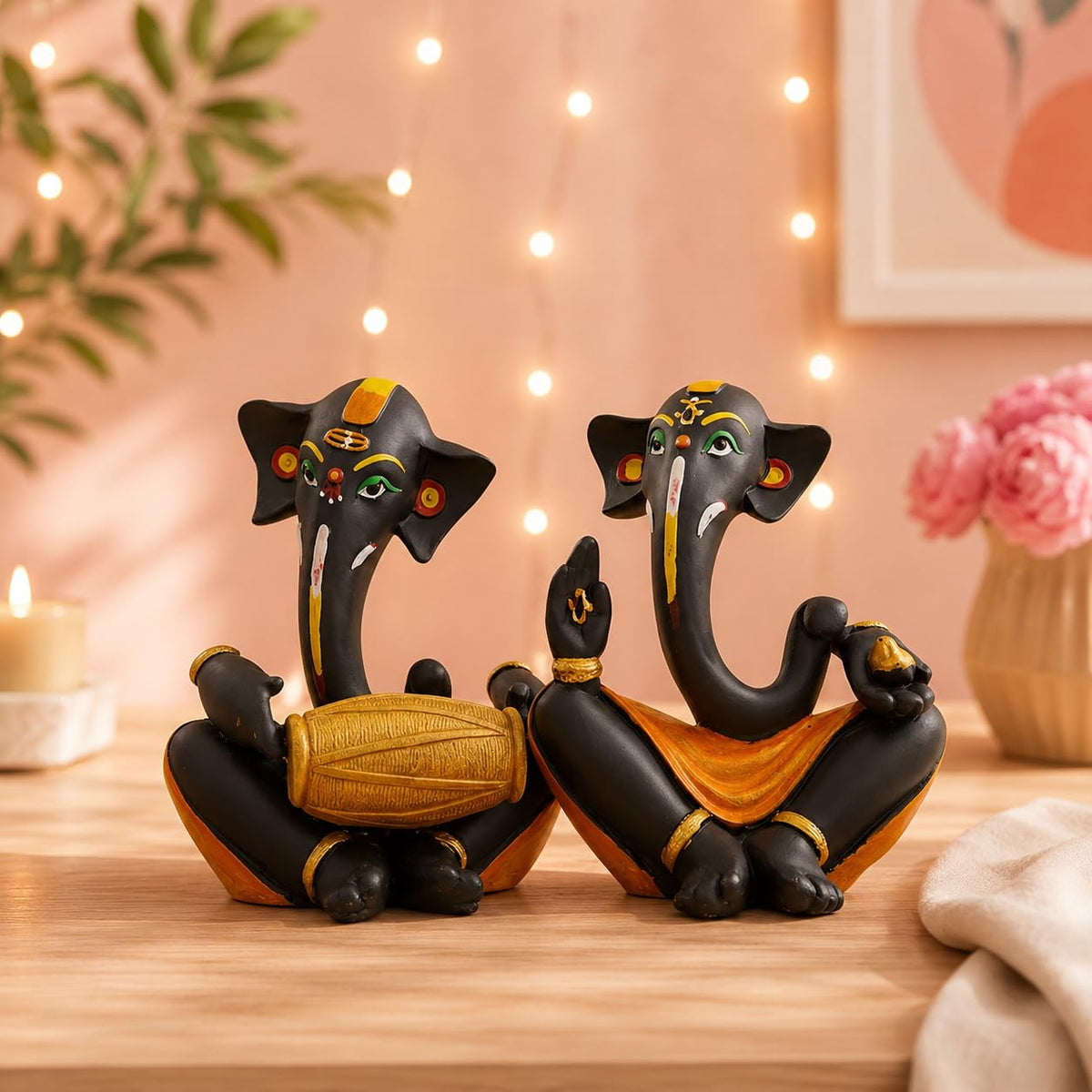 Beautiful Resin hawa Ganesha Statues for Home Decor (Pack of 2, Black & Yellow Colour)