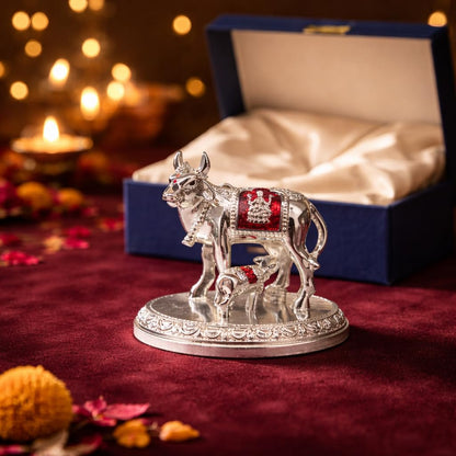 Gold Art India Kamdhenu Cow and Calf Idol with Red Accents | Shiny Silver Finish | 7.62 cm Decorative Gau MATA Murti for Home Temple, Gift & Office