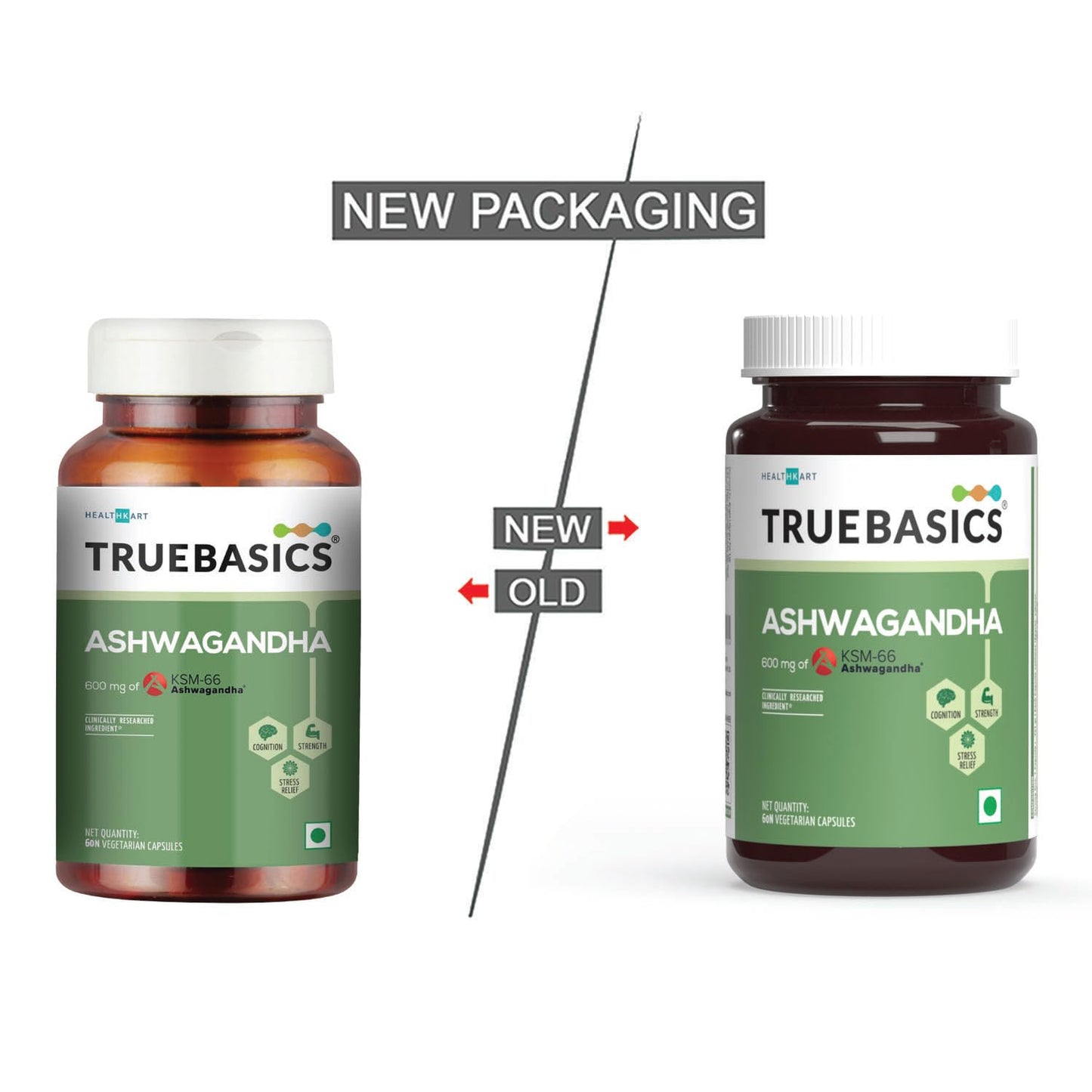 TrueBasics Ashwagandha supplement bottles with new and old packaging comparison on a white background.