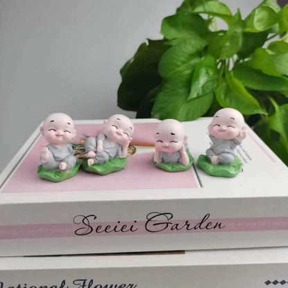 Little Baby Monk Buddha Set of 4 | Miniature Buddha Statues for Home Decor, Car Dashboard, Office & Gift | Peaceful Laughing Buddha Figurines Decorative Showpiece