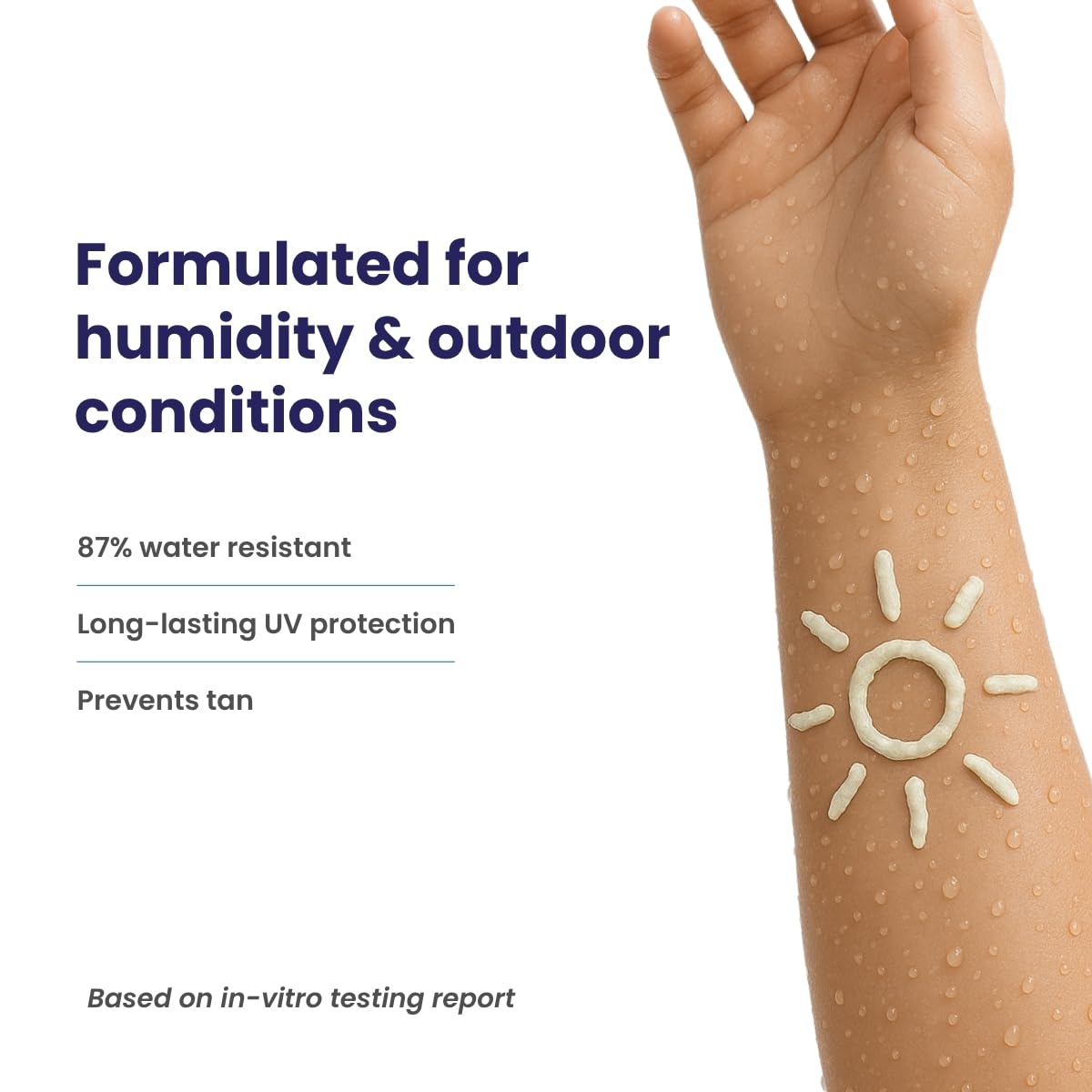 Hand with sunscreen application on arm, text about product features.