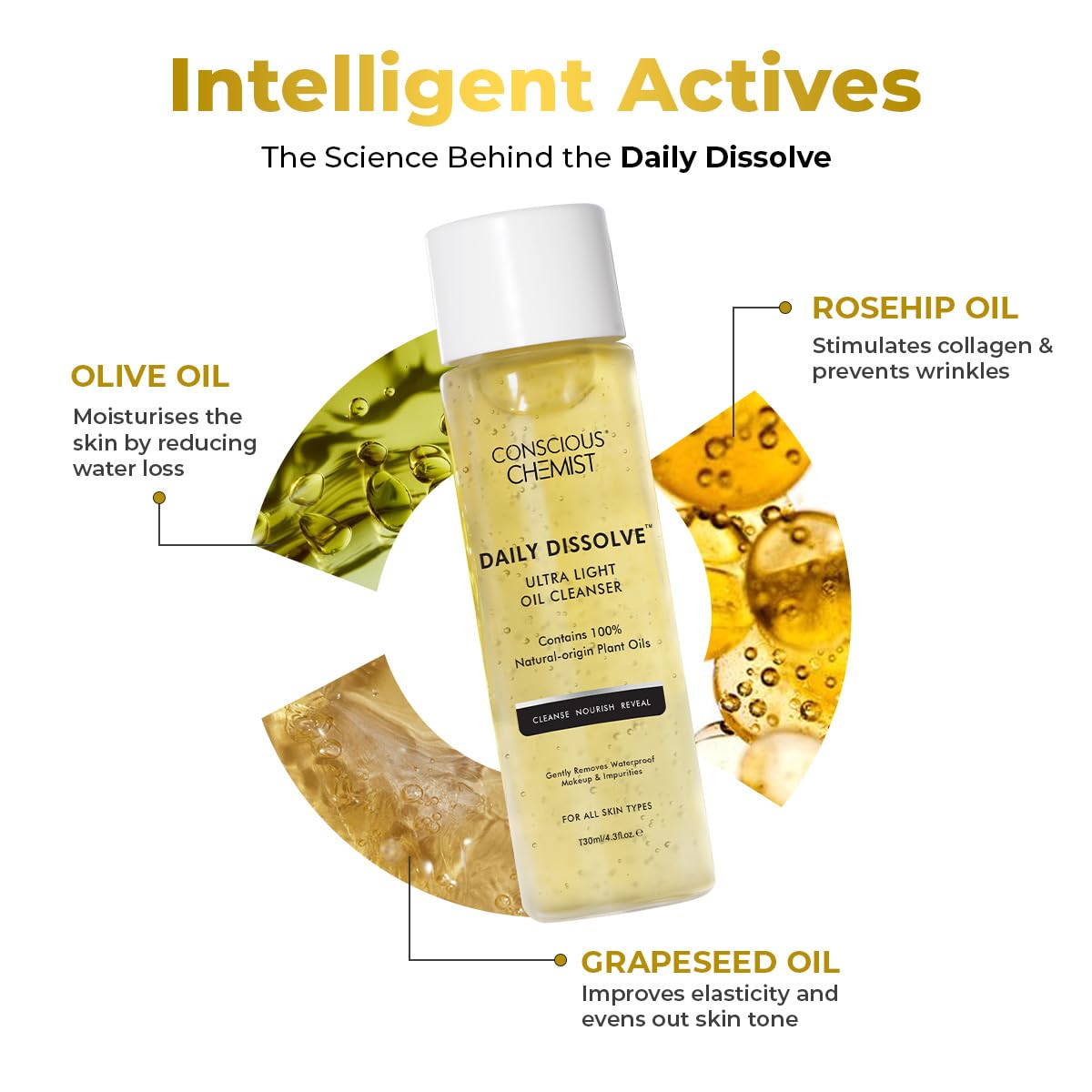 Conscious Chemist Daily Dissolve oil cleanser with ingredients highlighted on a white background