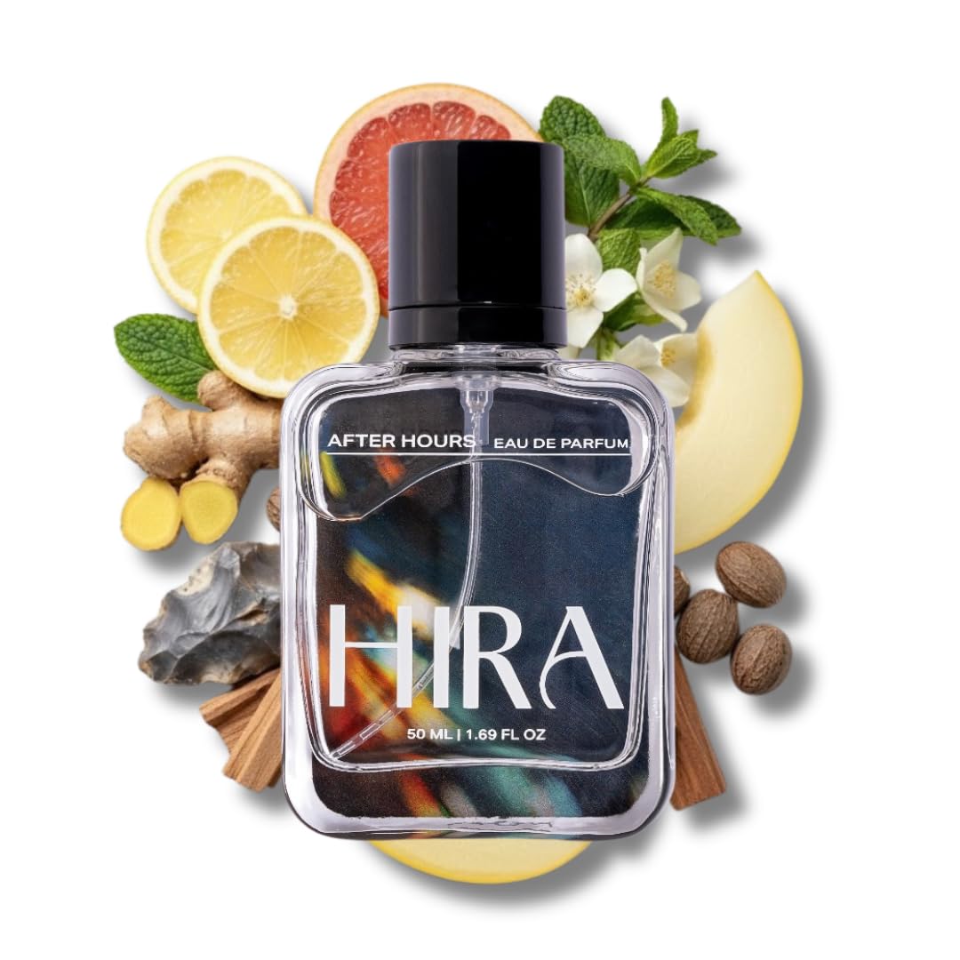 HIRA perfume bottle with natural elements on a white background