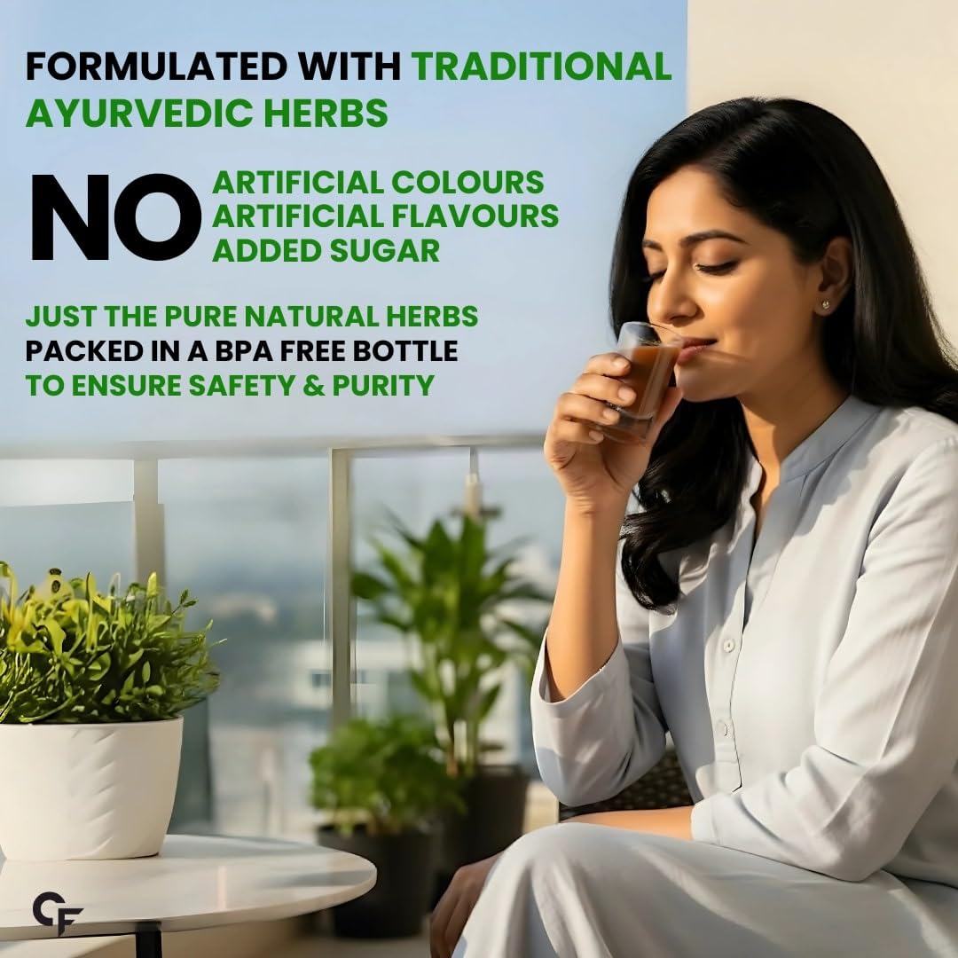 Woman drinking from a glass with text about traditional Ayurvedic herbs and product features.