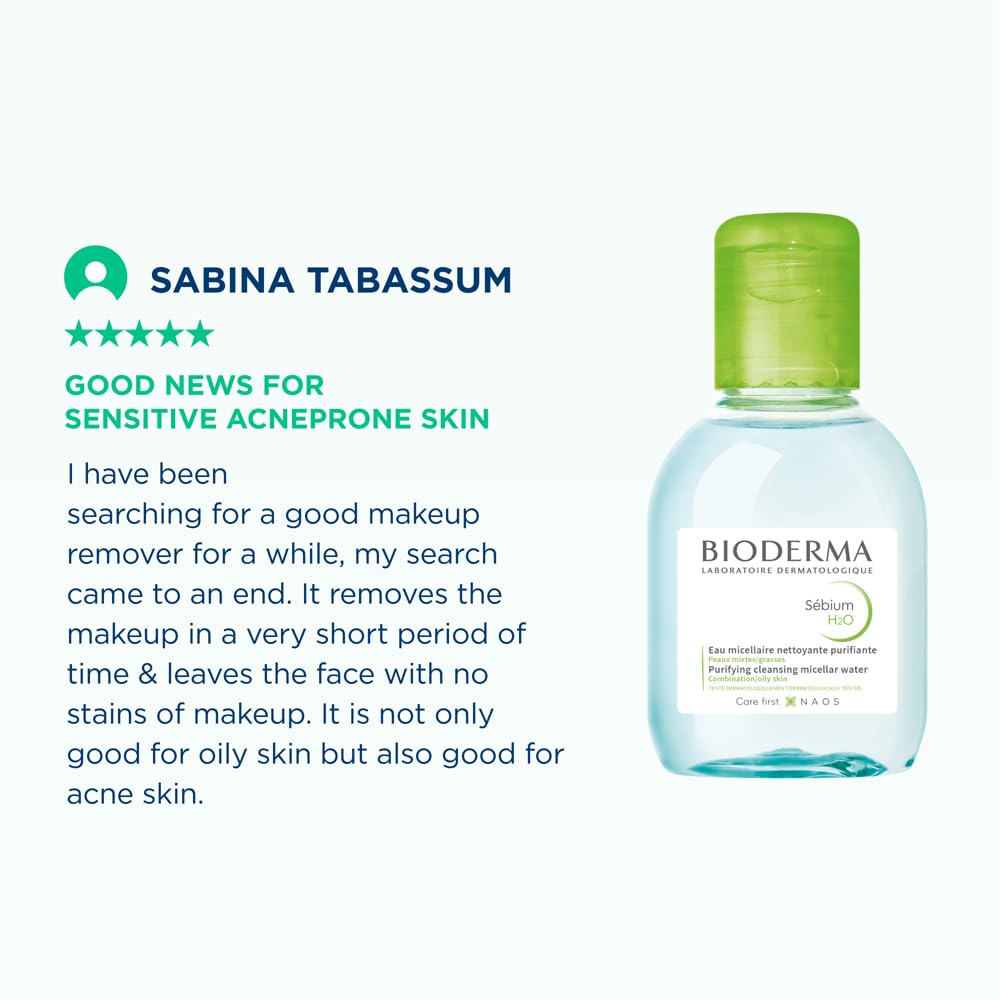 Bioderma bottle with a review by Sabina Tabassum on a white background