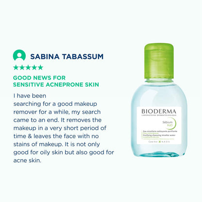 Bioderma bottle with a review by Sabina Tabassum on a white background
