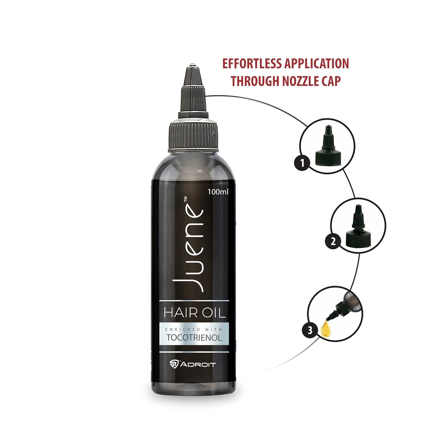 Juene hair oil bottle with application instructions on a white background
