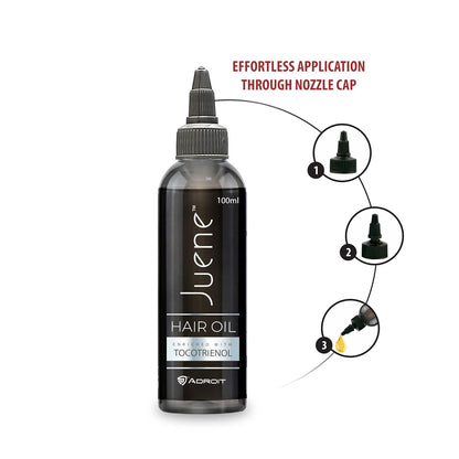 Juene hair oil bottle with application instructions on a white background