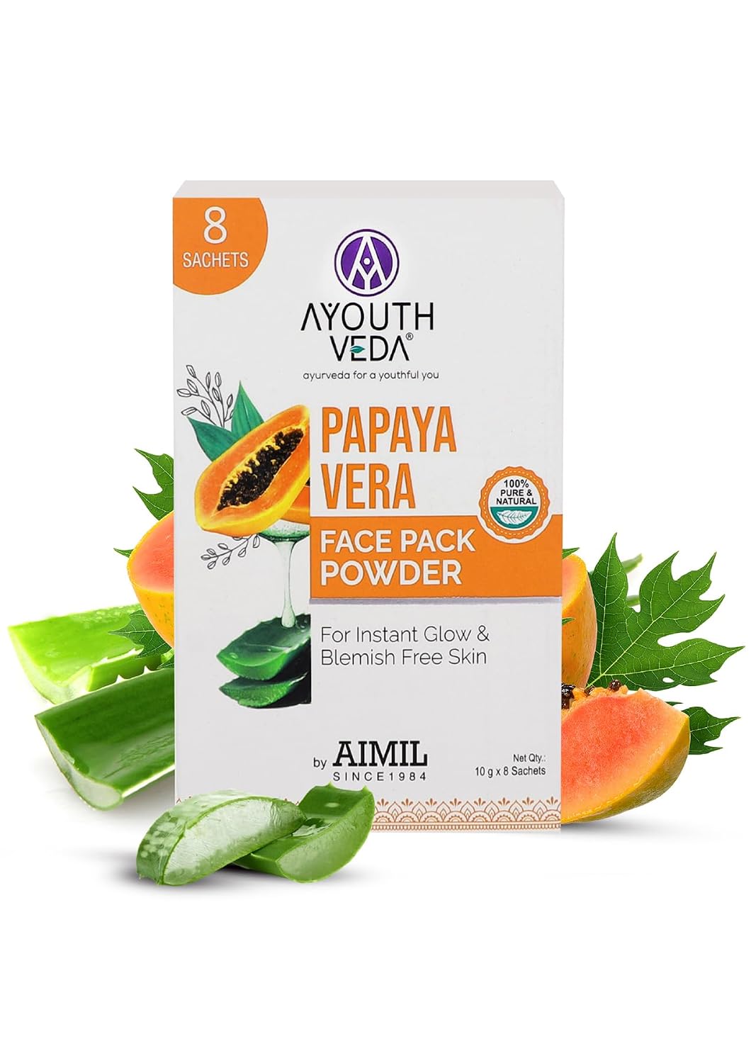 Ayouthveda Papaya and Aloe Vera Face Pack Powder for Glowing & Rejuvenating Skin | Removes Blemish & Wrinkle & Promotes Skin Health | Suitable for all skin Type (10g X 8 Sachets) (Pack of 1)
