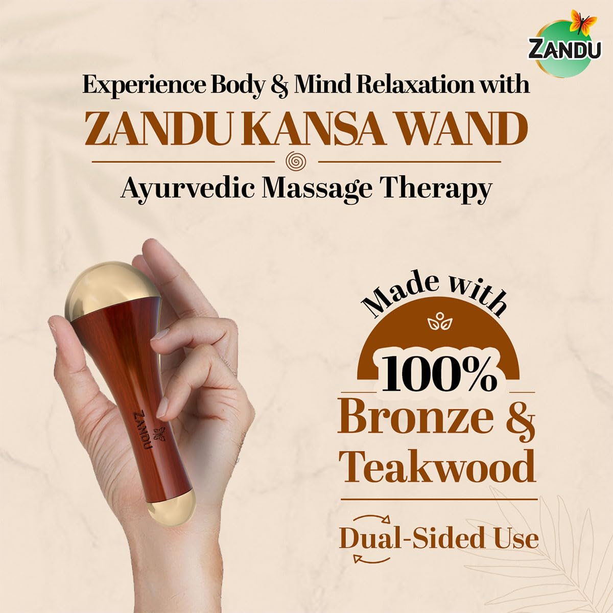 Zandu Ayurvedic Dual Sided Kansa Wand Massager | 100% Bronze & Teakwood handle– Portable Face, Neck, Body & Foot Massager | Promotes Relaxation & Improves Blood Circulation | Face Yoga Wellness Tool