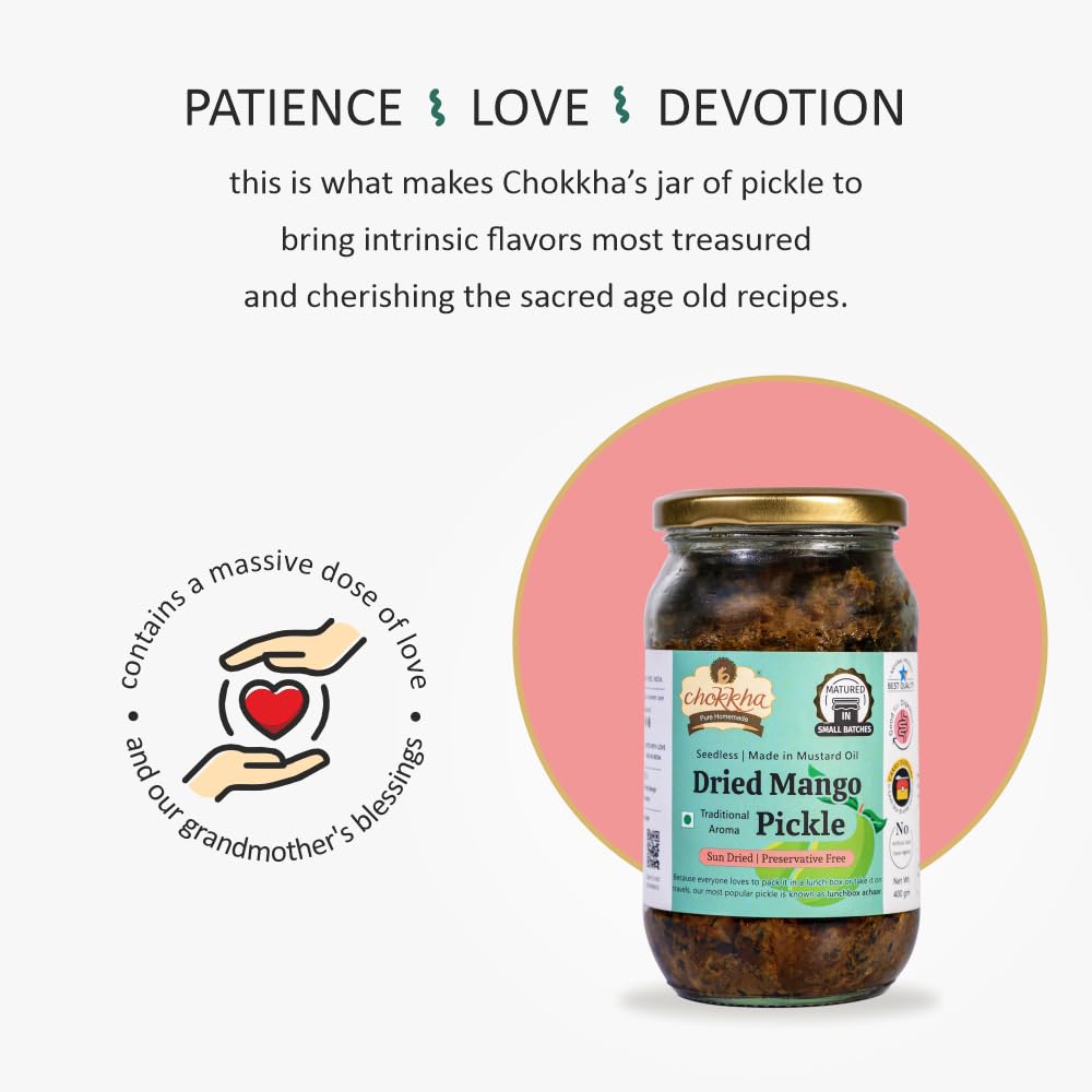 Chokkha Traditional Homemade Dried Mango Pickle (Aam) | Sukha Aam ka Achar | Authentic Indian Taste | Traditional Family Recipe | No Vinegar, Additives or Preservatives | Sundried and Freshly Grounded Spices | Seedless (No Guthli) | 400 Gm