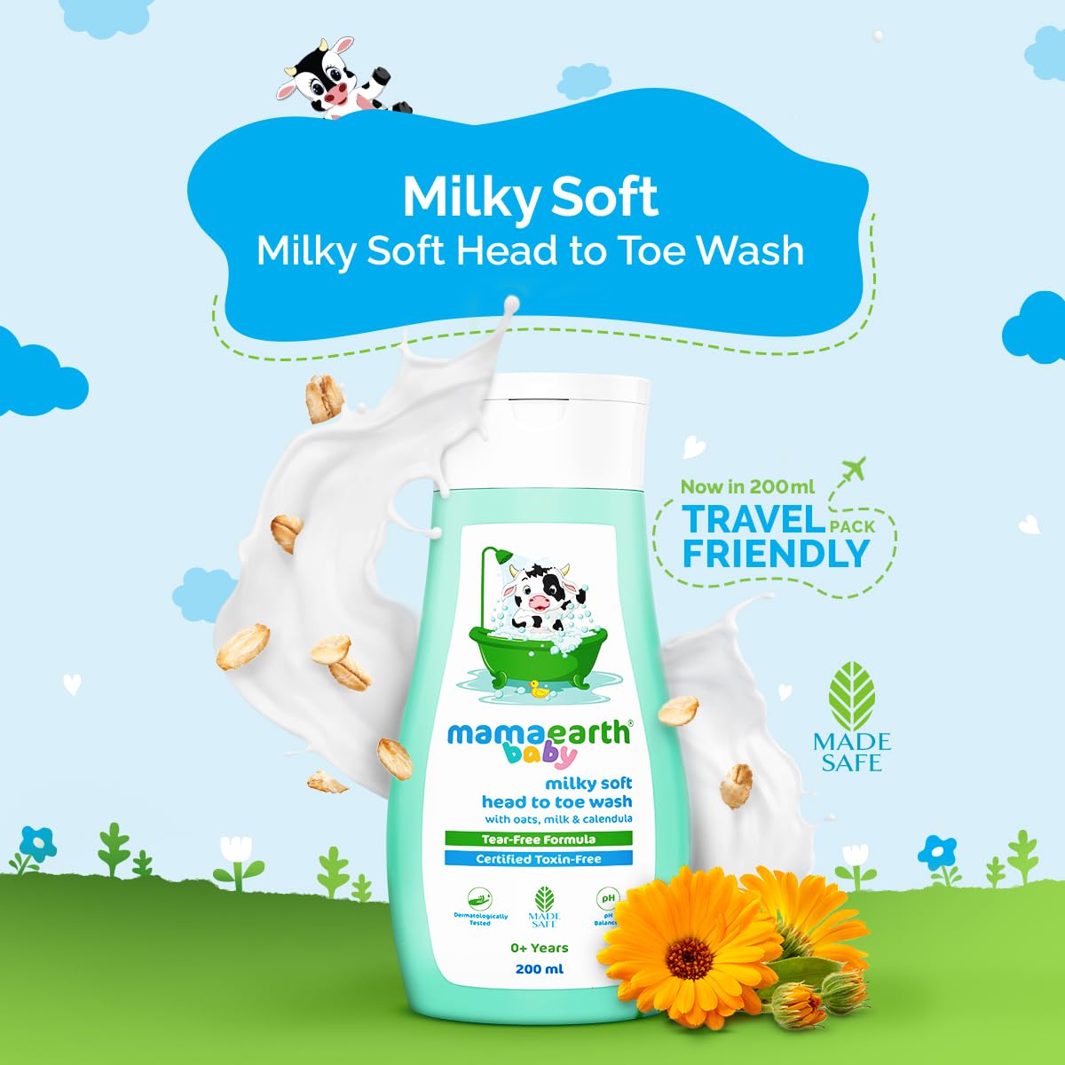 Mamaearth baby product with branding and product details on a blue and green background