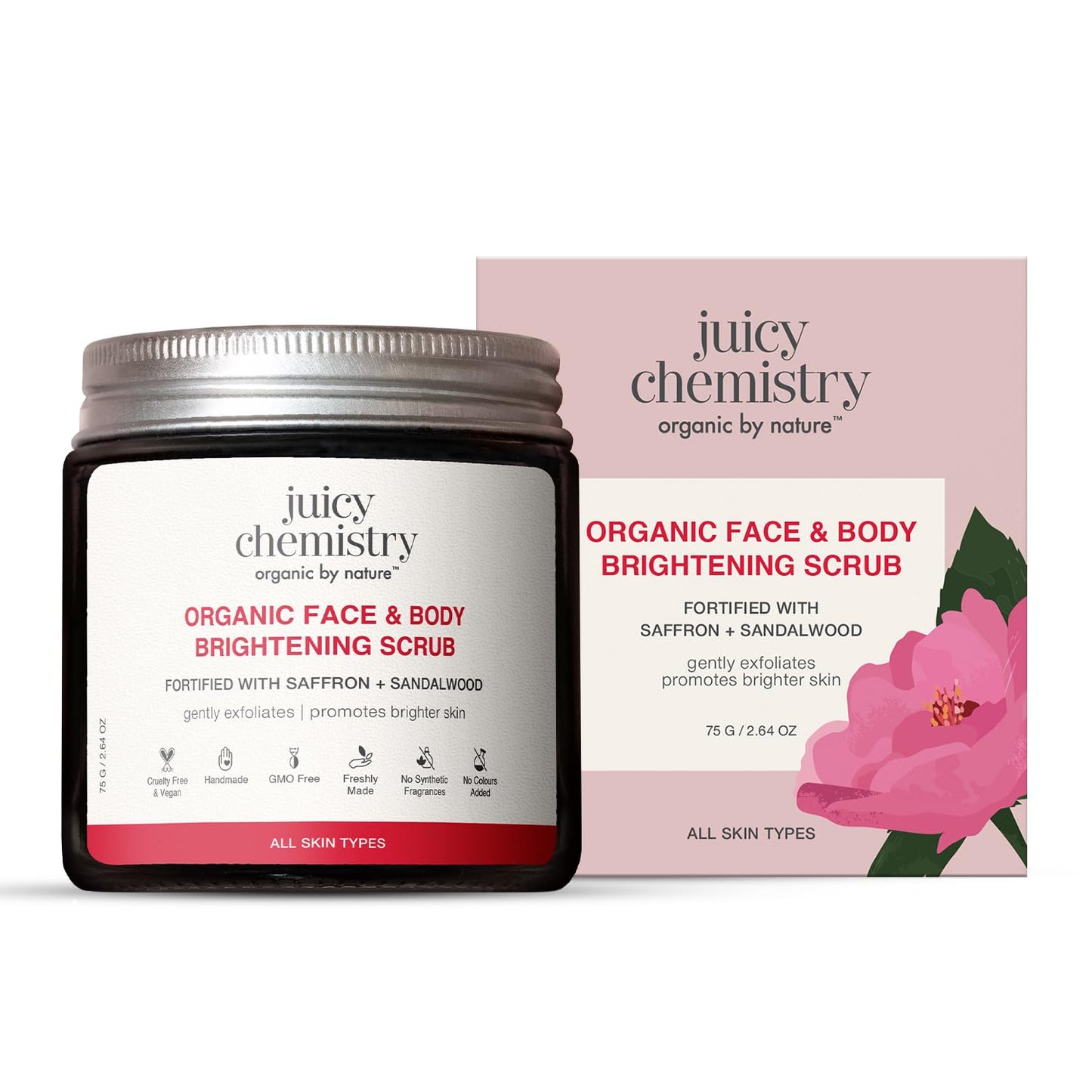 Juicy Chemistry Face & Body Brightening Scrub with Saffron & Sandalwood, 75g | Organic Exfoliating Scrub for Glowing Skin | Gently Removes Dead Skin Cells | Smoothens Skin Texture | Brightens Skin | Dermatologically Tested