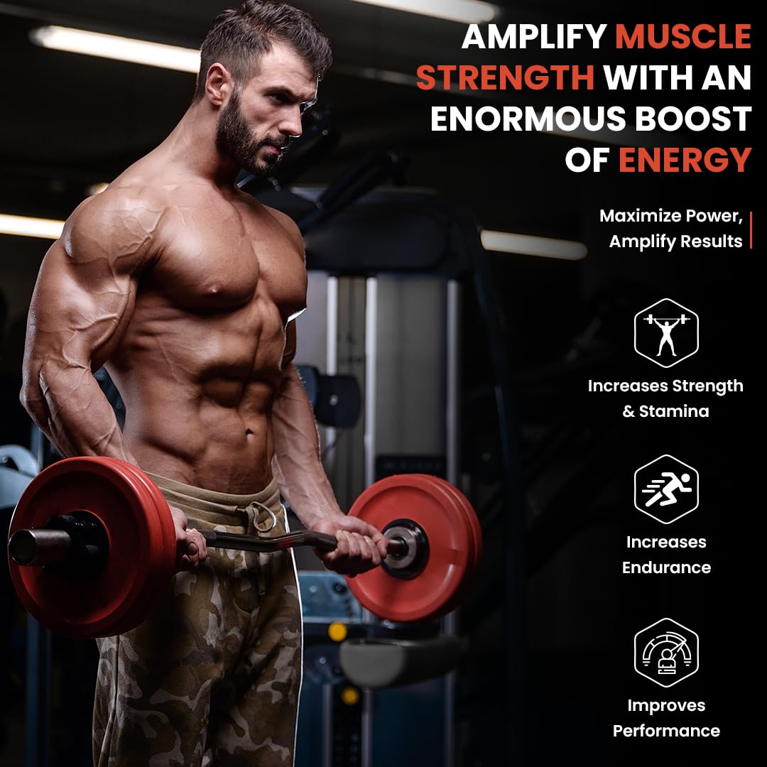 Muscular man lifting weights with text about muscle strength and energy boost in a gym setting