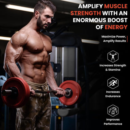 Muscular man lifting weights with text about muscle strength and energy boost in a gym setting