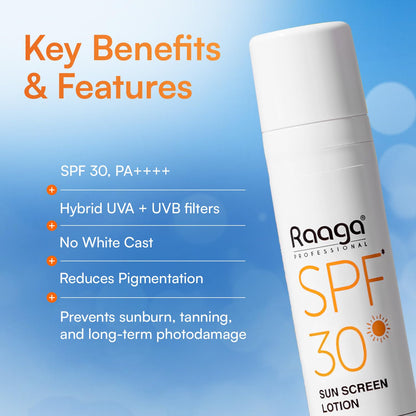 Raaga SPF 30 sun screen lotion with key benefits listed on a blue background