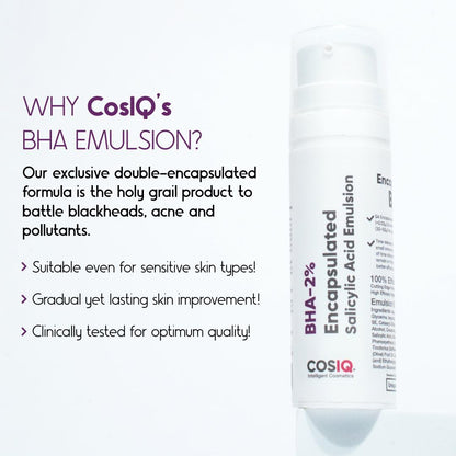 Cos-IQ BHA-2% Encapsulated Salicylic Acid Emulsion Face Serum for Sensitive Skin | Face Exfoliator for Blackheads, Whiteheads, Acne & Open Pores | Reduces Breakouts | For Women & Men | 30ml