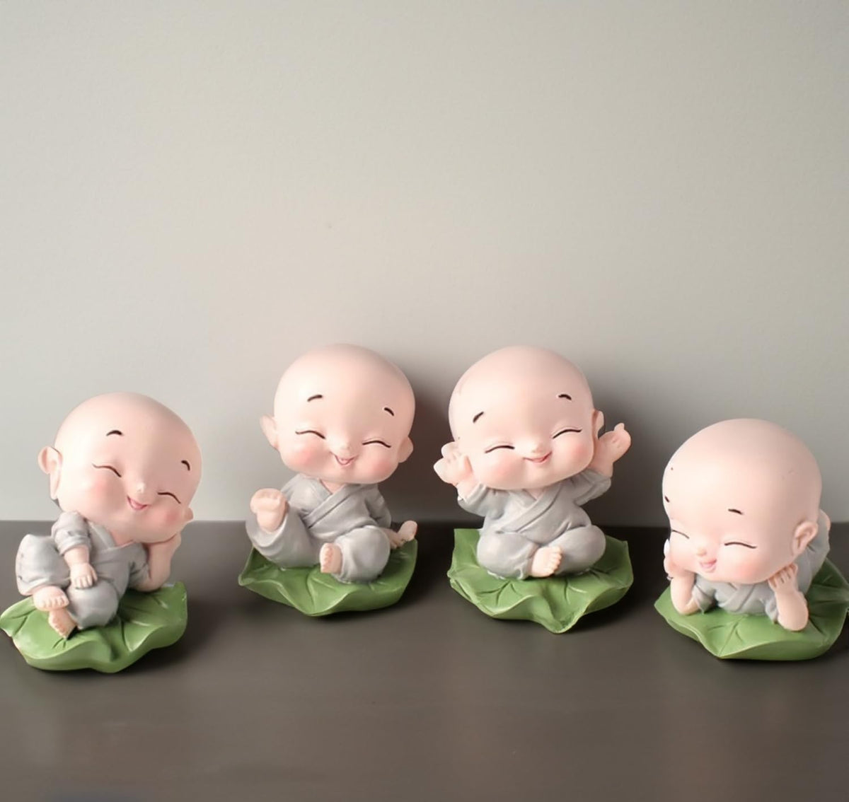 Little Baby Monk Buddha Set of 4 | Miniature Buddha Statues for Home Decor, Car Dashboard, Office & Gift | Peaceful Laughing Buddha Figurines Decorative Showpiece