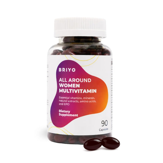 Bottle of Briyo All Around Women Multivitamin with capsules on a white background