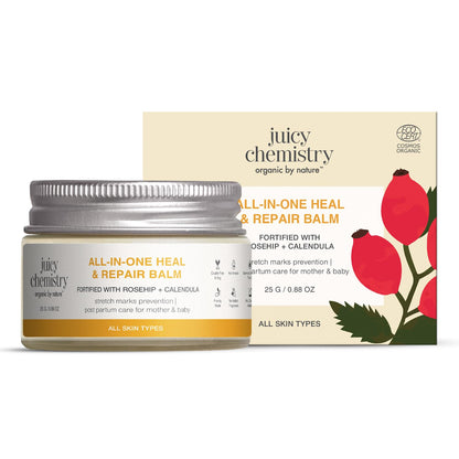 Juicy Chemistry All-In-One Heal & Repair Balm with Rosehip + Calendula, 25g | Multi-Purpose Organic Balm for Dry Skin, Lips, Elbows, Stretch Marks & Scars | Certified Organic, Fragrance-Free