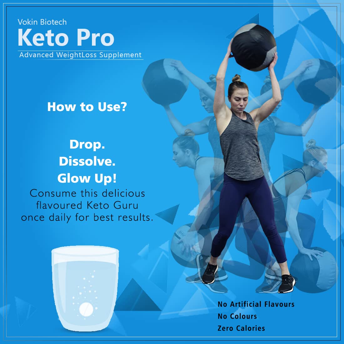 Advertisement for Vokin Biotech Keto Pro supplement with a woman exercising on a blue background.