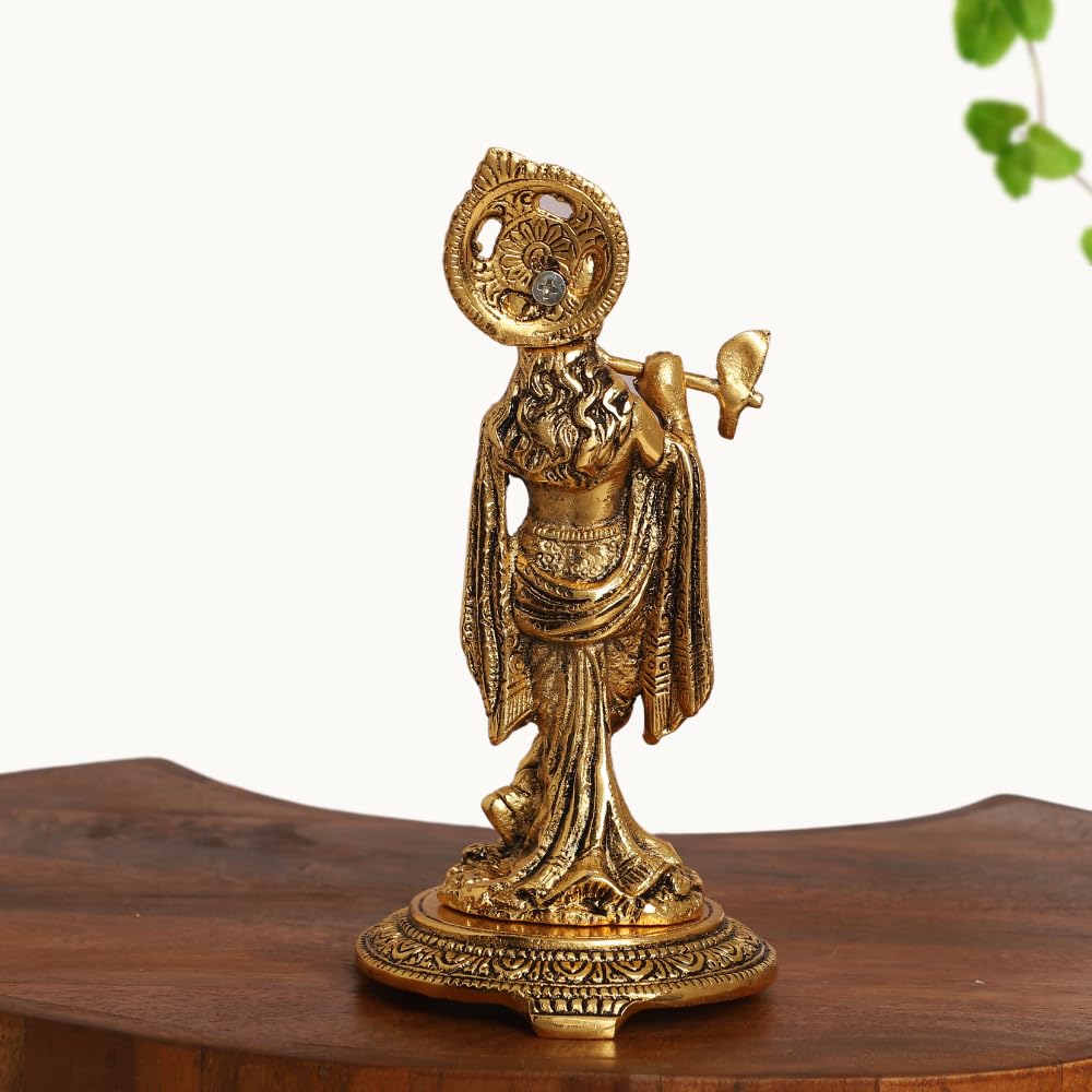 Gold Plated Lord Krishna Playing Flute Idol – Standing Pose Showpiece for Pooja, Mandir & Home Décor