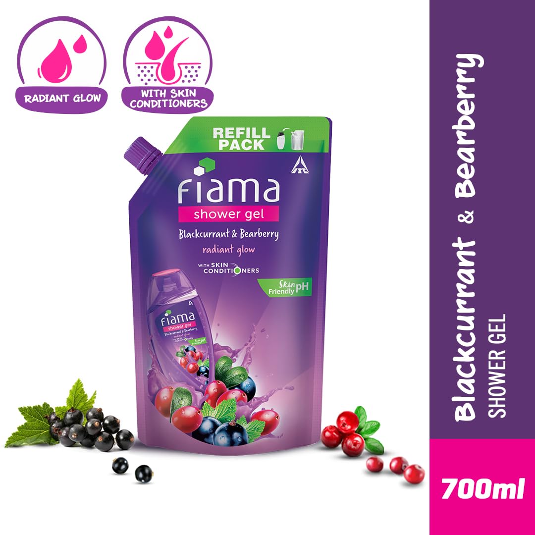 Fiama Blackcurrant & Bearberry Shower Gel 700ml, Bodywash Refill Value Pouch for Women & Men, With Skin Conditioners for Radiant Glow