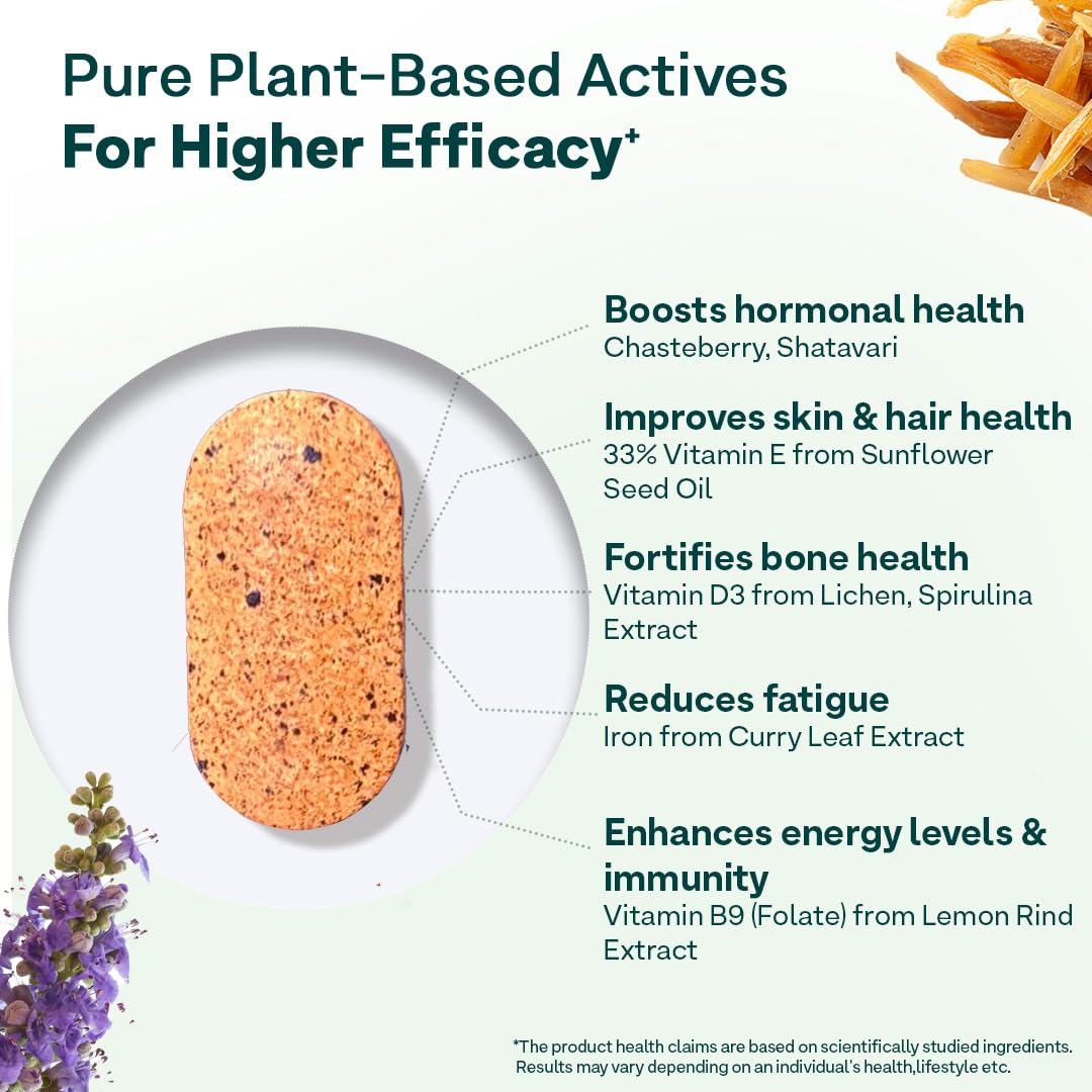 OZiva Plant Based Multivitamins for Women 35+| For Hormonal Health, Skin & Hair, Bone Health| With Chasteberry, Vitamin E & D3, 50 Vegetarian Capsules