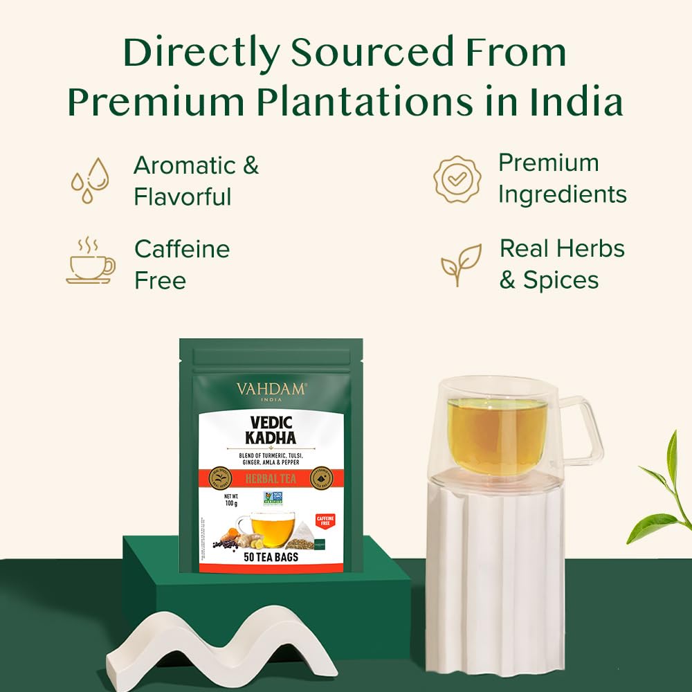 VAHDAM, Vedic Kadha Infusion Bags – 50 Pyramid Bags | Caffeine Free | Botanical Tisane – Earthy & Savory | Resealable Ziplock Pouch
