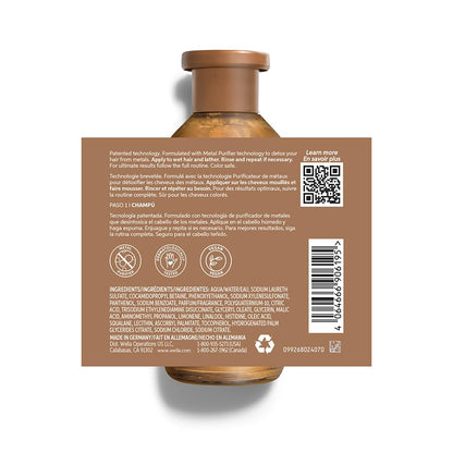 Back of a shampoo bottle with label and QR code on a white background