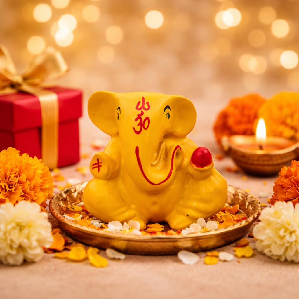 Resin Lord Ganesha Idol Car Dashboard 5x5cm (Yellow)