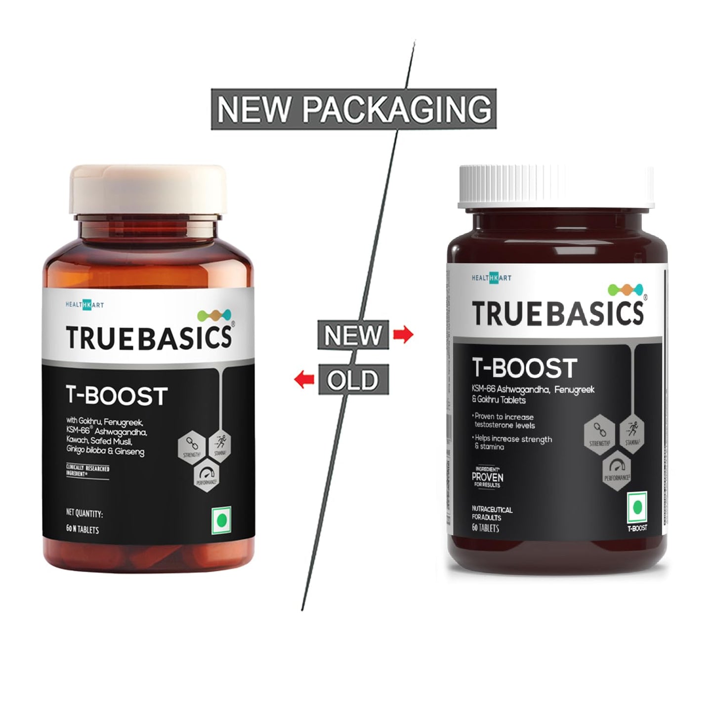TrueBasics T-Boost supplement bottles with new and old packaging comparison on a white background.