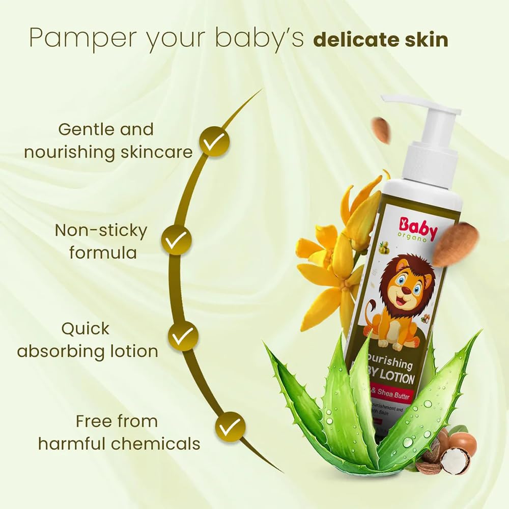 Babyorgano Baby Body Lotion for Newborn 0-2 Years Babies 200ml | Nourish & Moisturise Skin | Non Sticky | Enriched with Ylang Ylang, Olive Oil, Paraben Free