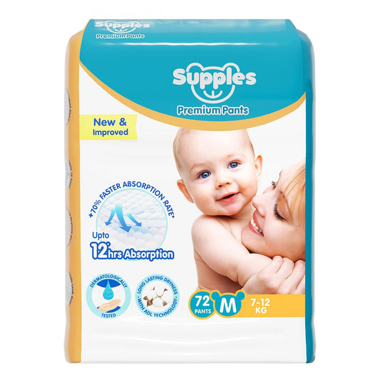 Supples Premium Baby Diaper Pants | 72 Baby Diapers | Medium | 7-12 Kg | 12 Hrs Absorption | Cushiony Cotton Soft Fabric | Phthalates-Free | Triple Leak Guard